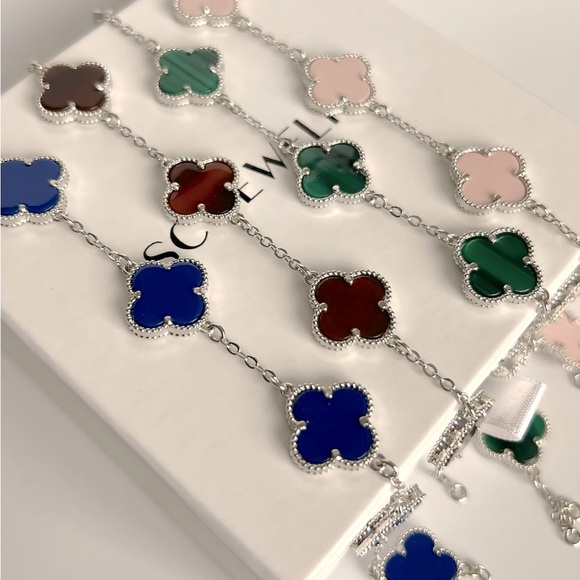 Last 3 🔥 Royal Blue Clover Bracelet Double Sided Silver Color Four Leaf - Picture 4 of 10